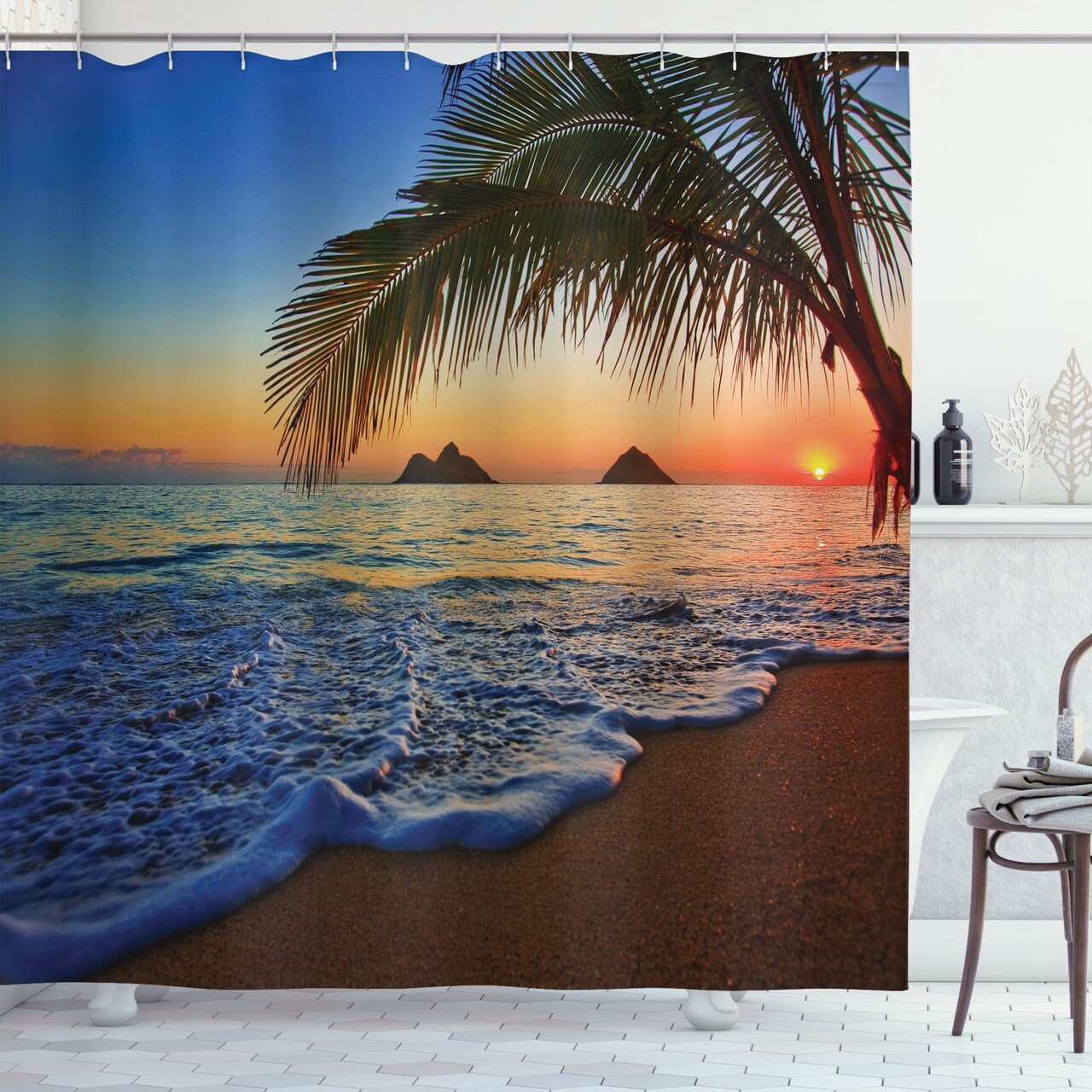 Ambesonne Hawaiian Shower Curtain, Pacific Sunrise at Lanikai Beach Colorful Sky Wavy Ocean Surface Scene Summer Lover, Cloth Fabric for Bathroom Home Decor Set with Hooks, 69" W x 70" L, Blue Brown